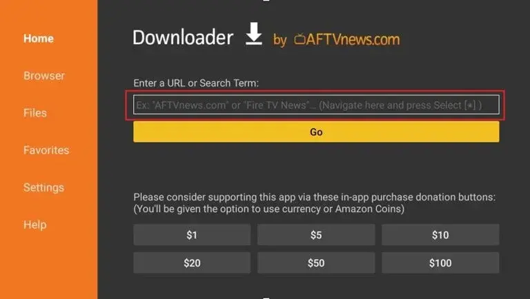 Saisir l'URL de l'APK dans Downloader